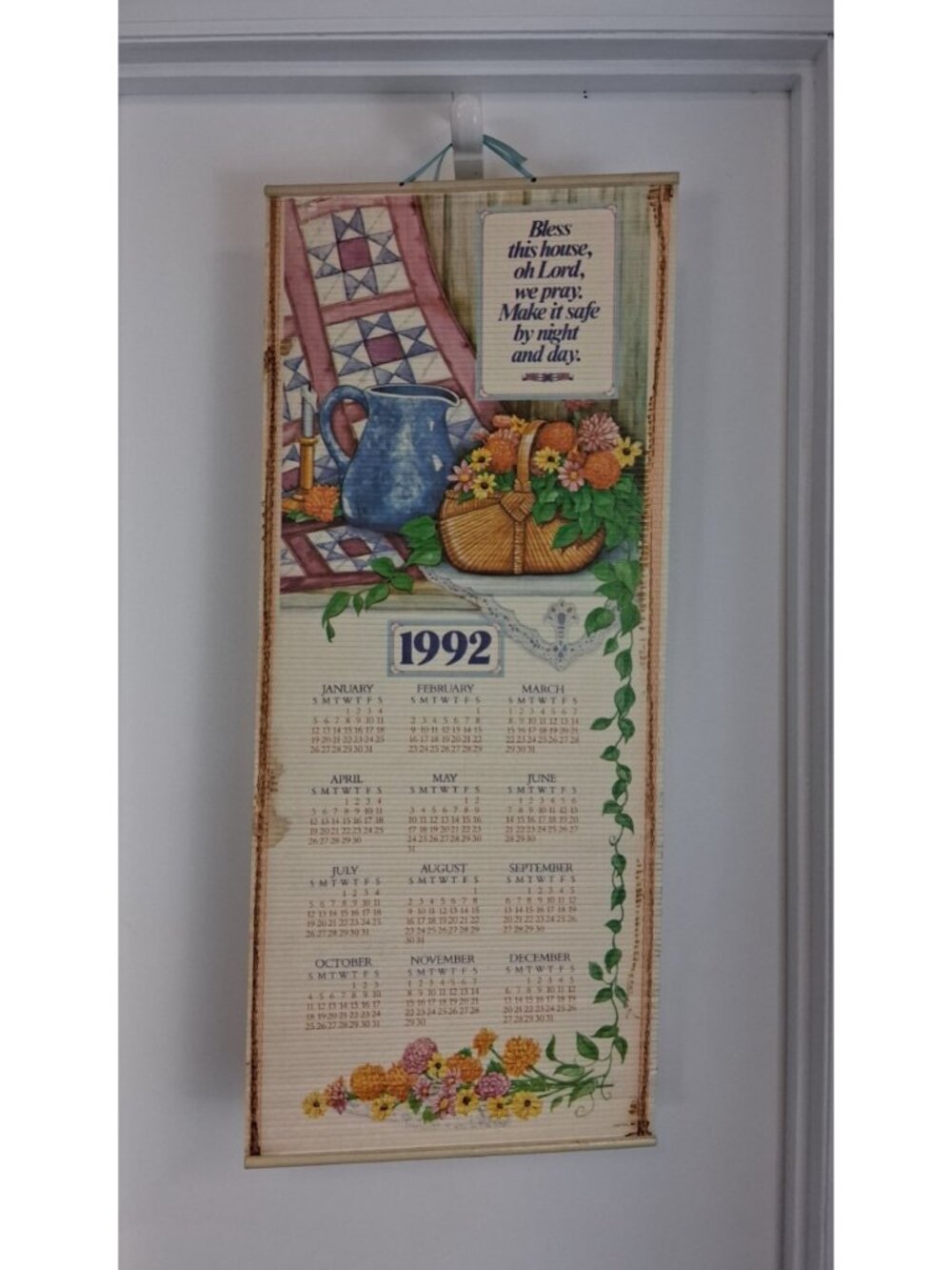 1992 1993 Giftco Wall Hanging Calendar Scroll Folk Art Birds Bless This House